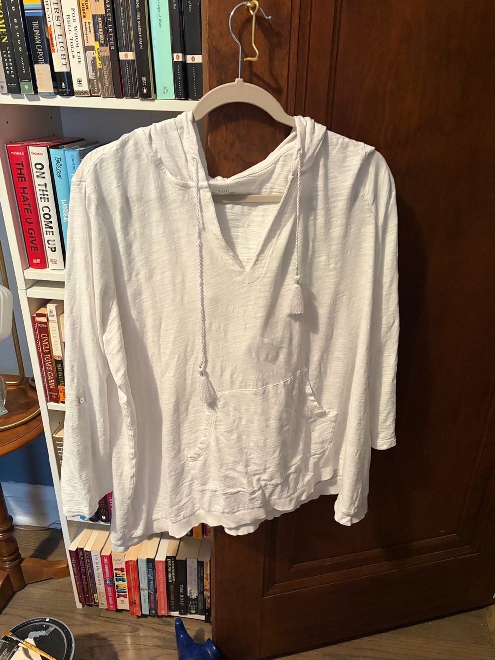 J. Jill White Lightweight Hooded Pullover with Tassel Drawstrings